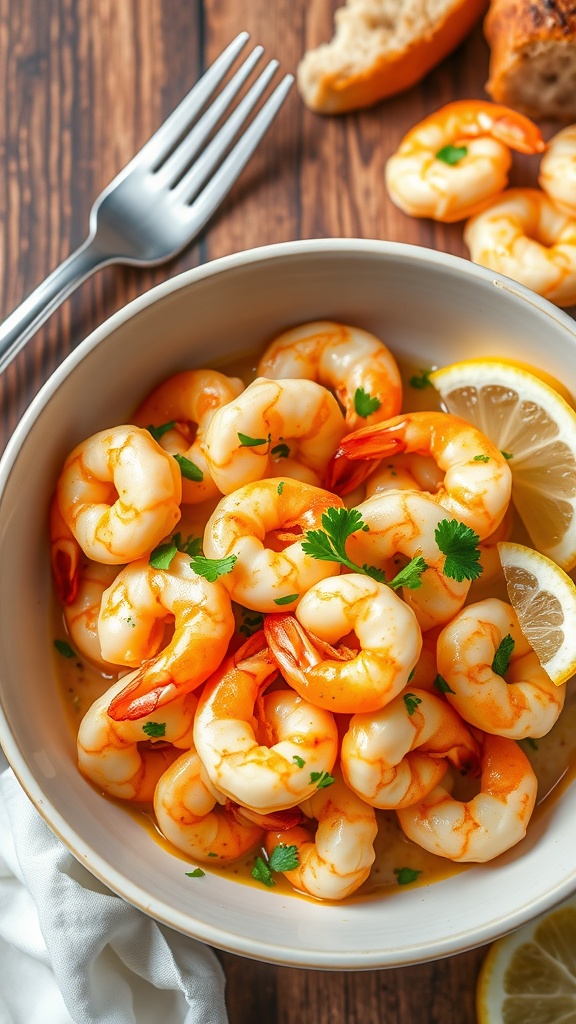 A bowl of garlic butter shrimp garnished with parsley and lemon slices, served with bread on a wooden table.